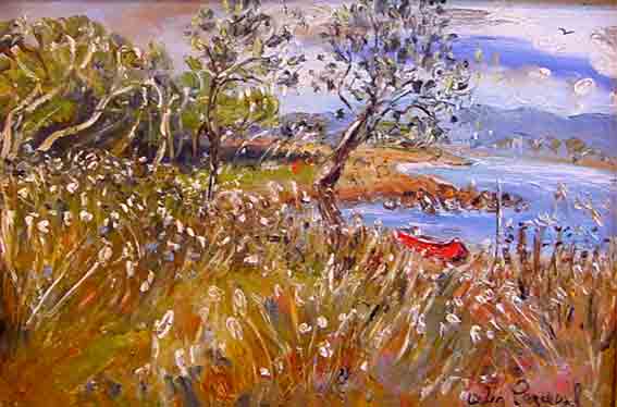 Celia Perceval, Red Boat with Bunny Tails at Kiah Inlet, Oil on Canvas, 60 x 90 cm