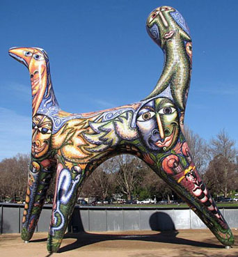 Sculpted by Melbourne artist Deborah Halpern, Angel is an approximately ten meter high mosaic work originally commissioned by the National Gallery of Victoria in collaboration with the Australian Bicentennial Authority in 1986 in commemoration of the bicentary of European settlement in Australia