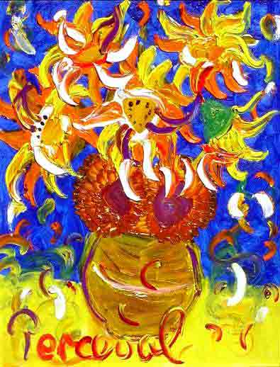 John Perceval (1923-2000)' Sunflowers on Blue' Oil on canvas 