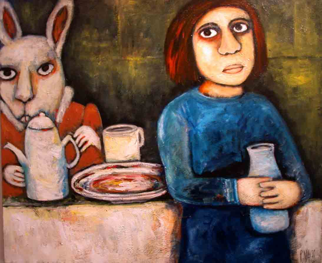 SOLD: Regina Noakes, White Rabbit, Oil, Acrylic and Oil stick on Canvas