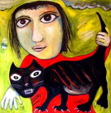 Regina Noakes, Girl and Black Cat, Oil, Acrylic and Oil stick on Canvas