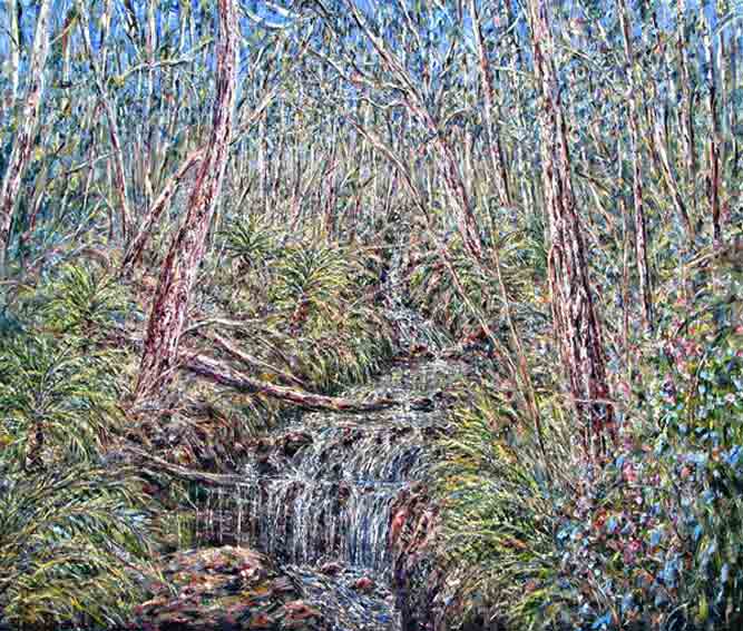 Tessa Perceval, Bush Creek waterfall, Oil on Linen, 76 cm by 91 cm - SOLD
